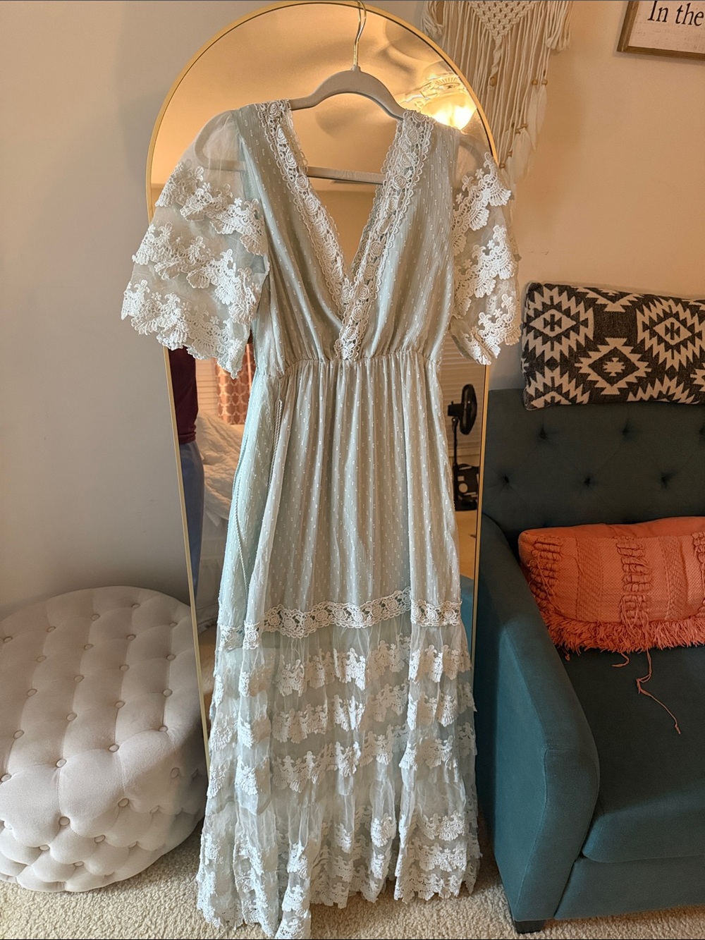 Sage Lace-Trim Maxi Dress with Puff Sleeves